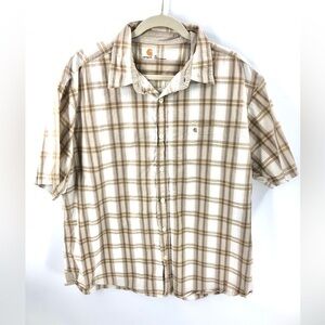 Carhartt Plaid Button Front Shirt Short Sleeve 100% Cotton Logo Pocket Size XL